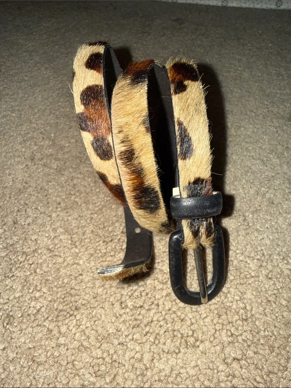 Ann Taylor Leopard Print Faux Fur Skinny Belt with Black Buckle